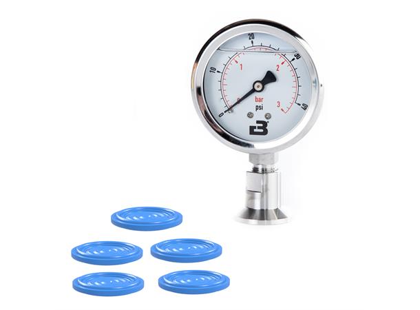 Analog Gauge, Pressure, TC34mm, Kit 0-3 bar / 0-42 PSI. Inc. membrane gasket 